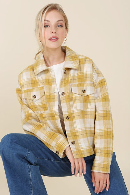 Plaid Cropped Drop Shoulder Shacket with Pockets