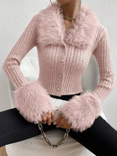 Faux Fur Trim Ribbed Knit Cropped Cardigan - Fashions Envy