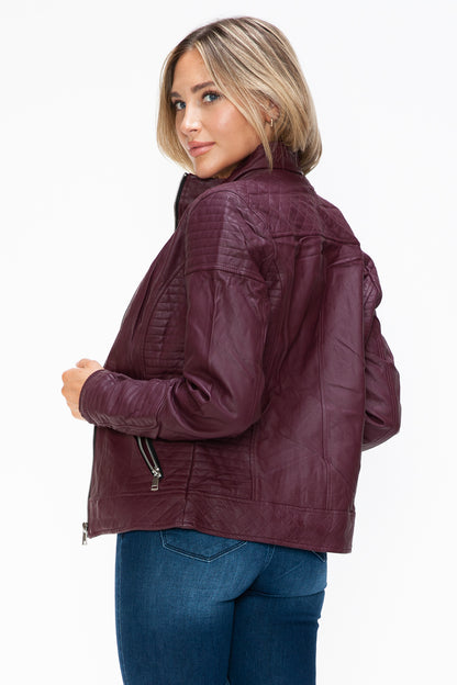 Wine Faux Layered Double-Zipper Jacket with Fuzzy Hood