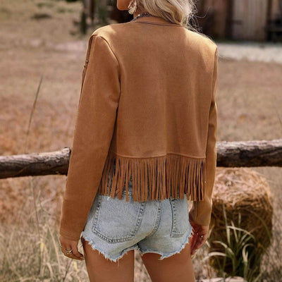 Women's Brown Suede Fringe Vest Jacket - Open Collar Style