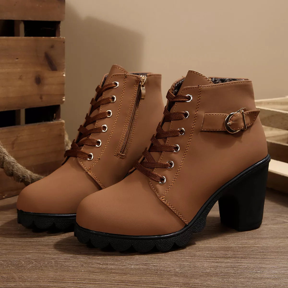 Lace Up Boots - Block High Heels - Fashions Envy