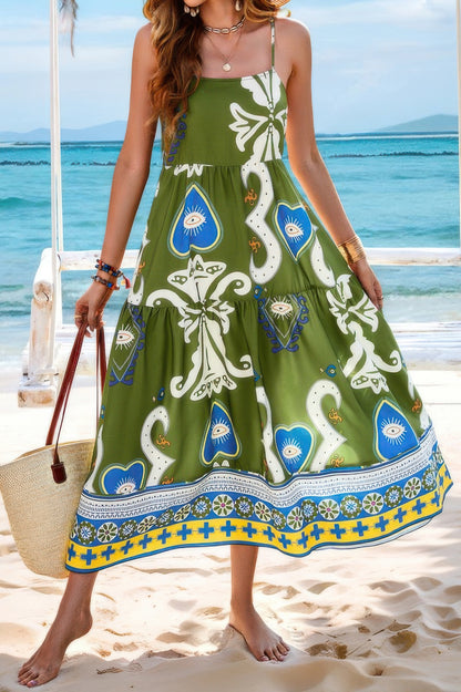 CCWHOLESALECLOTHING Spaghetti Strap Dress green boho maxi with paisley print tiered skirt beach style