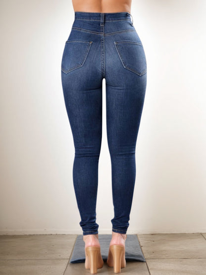 High Waisted Elastic Ripped Jeans - Street Style Comfort - Fashions Envy