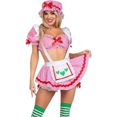 CJ Beer Girl Costume featuring a pink gingham dress, apron, and matching hat for festive celebrations