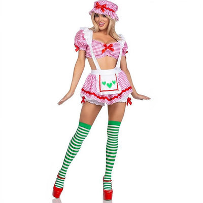 CJ Beer Girl Costume featuring a pink gingham dress, suspenders, and striped stockings for festive celebrations