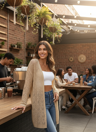 Beige openwork cardigan - brunette at cafe