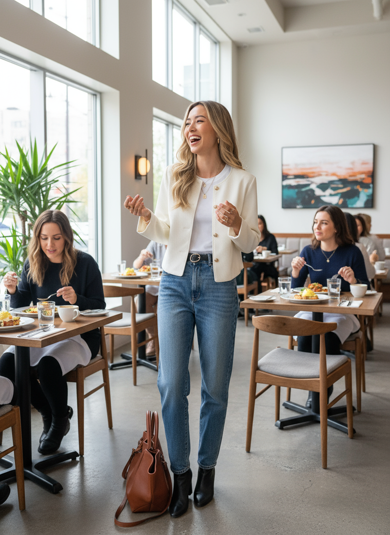 Beige textured button-down jacket restaurant brunch lifestyle