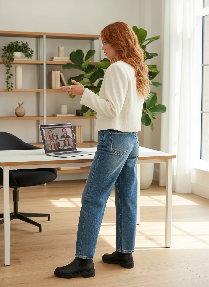 Beige textured jacket home office lifestyle