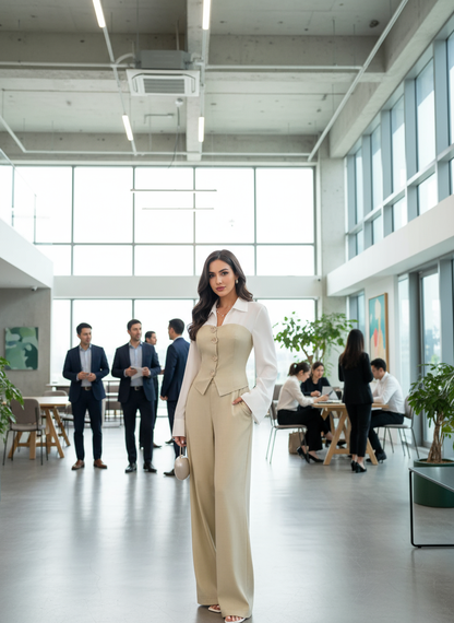Beige two-tone shirt and wide-leg pants set office professional lifestyle