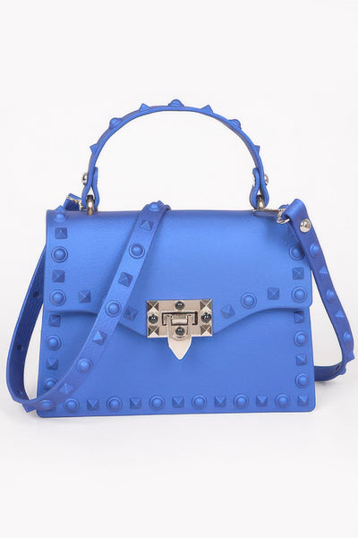 Monotone Studded Clutch royal blue leather satchel with top handle shoulder strap and silver turn lock
