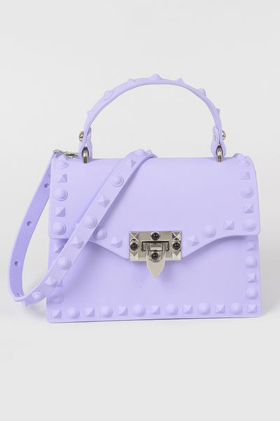 Lavender top handle handbag with studded trim adjustable strap and silver clasp Monotone Studded Clutch CCWHOLESALECLOTHING