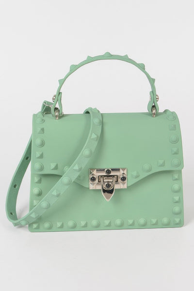 Monotone Studded Clutch mint green top handle bag with detachable shoulder strap and silver push lock closure