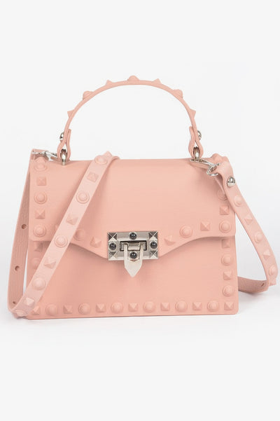 Monotone Studded Clutch blush pink structured handbag with top handle shoulder strap and silver clasp