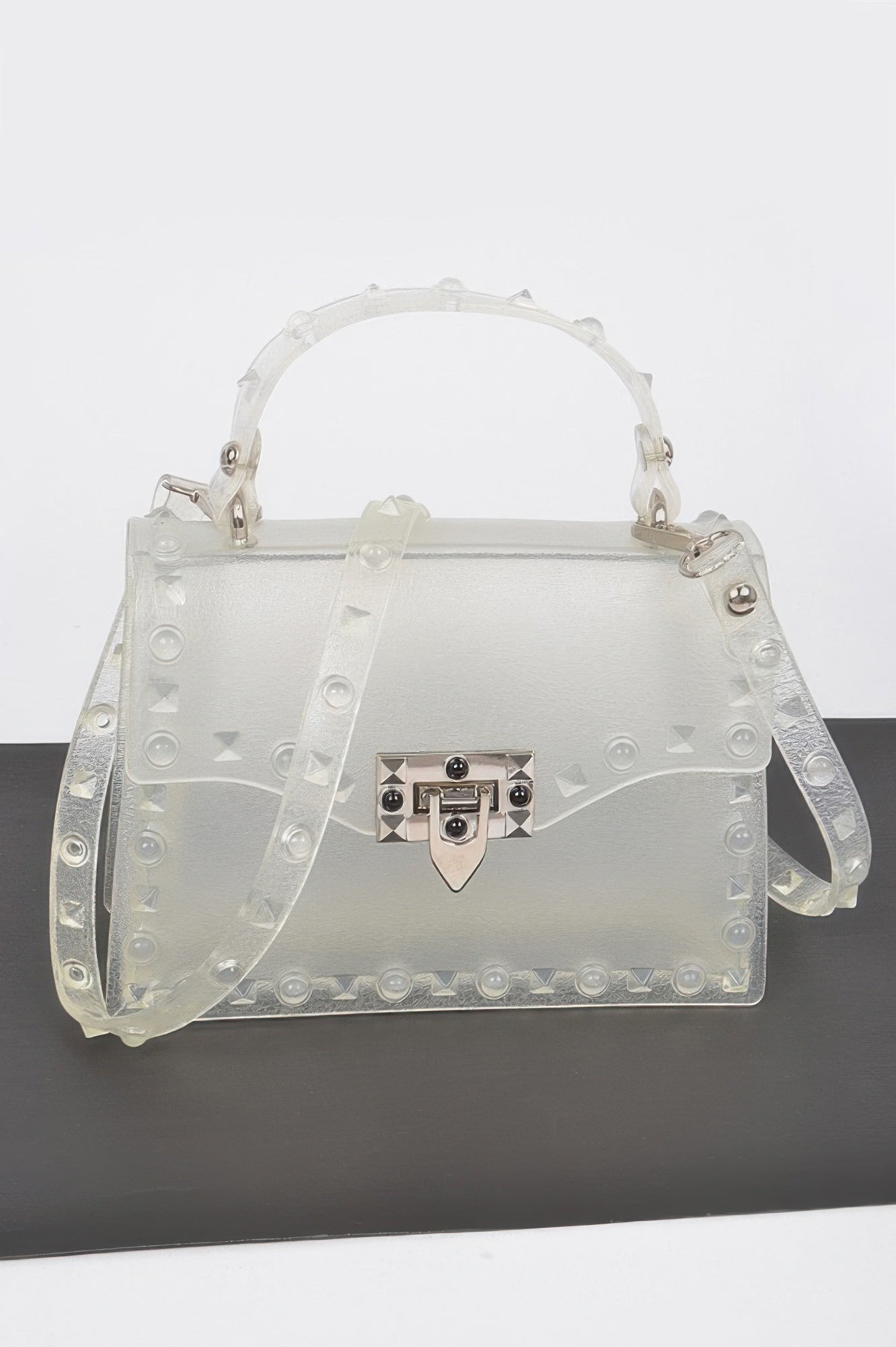 Monotone Studded Clutch translucent frosted PVC box bag with top handle shoulder strap and silver lock
