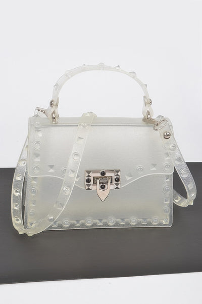 Monotone Studded Clutch translucent frosted PVC box bag with top handle shoulder strap and silver lock