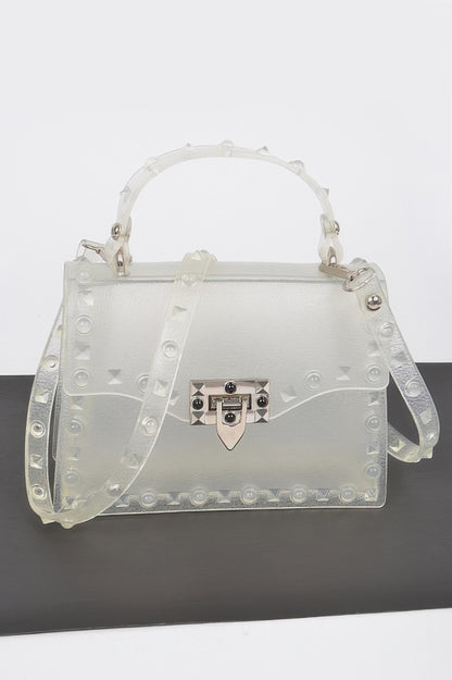 Monotone Studded Clutch translucent frosted PVC box bag with top handle shoulder strap and silver lock