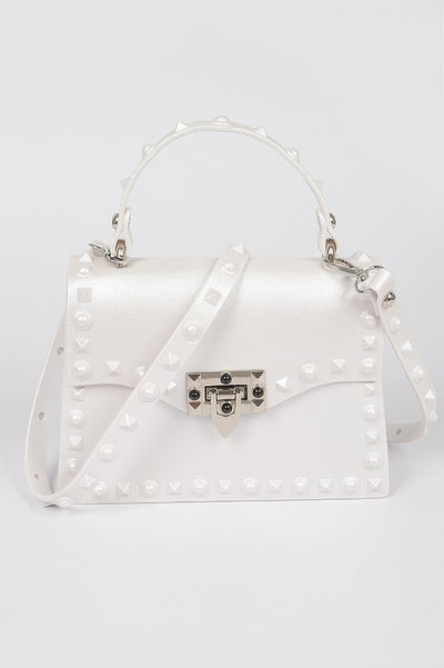 Monotone Studded Clutch white boxy handbag with top handle detachable shoulder strap pyramid studs and silver lock