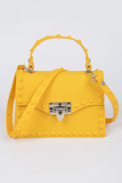 Monotone Studded Clutch yellow silicone top handle bag with shoulder strap silver lock
