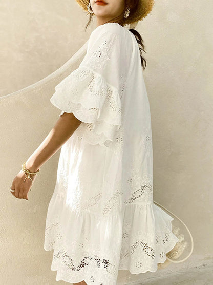 Eyelet Embroidered Tassel Tie Neck Dress - Boho Mini Dress - Fashions Envy