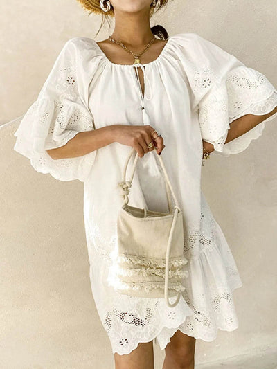 Eyelet Embroidered Tassel Tie Neck Dress - Boho Mini Dress - Fashions Envy