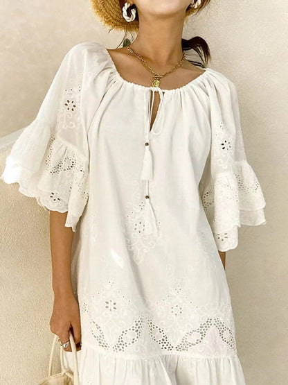 Eyelet Embroidered Tassel Tie Neck Dress - Boho Mini Dress - Fashions Envy