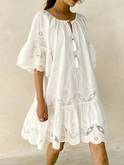 Eyelet Embroidered Tassel Tie Neck Dress - Boho Mini Dress - Fashions Envy