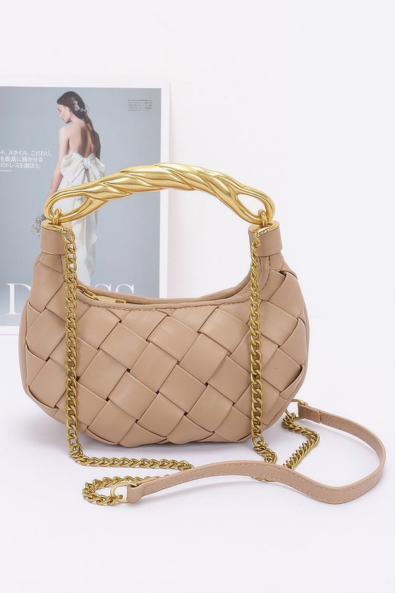 Beige woven shoulder faux leather braided handle bag with gold chain strap for everyday and evening wear