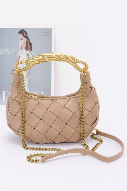 Beige woven shoulder faux leather braided handle bag with gold chain strap for everyday and evening wear