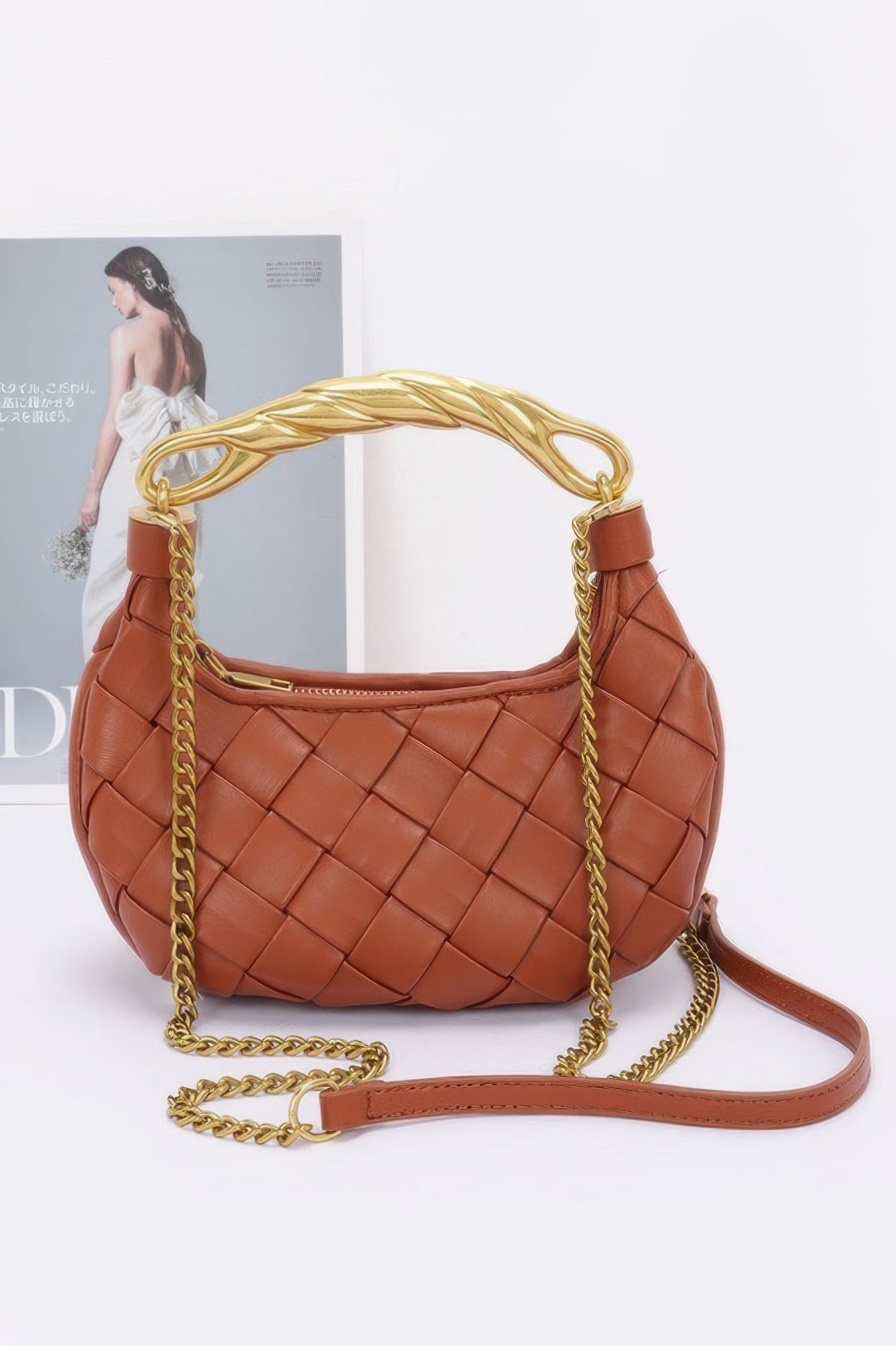 CCWHOLESALECLOTHING brown woven crescent shoulder bag with gold chain strap faux leather braided handle bag