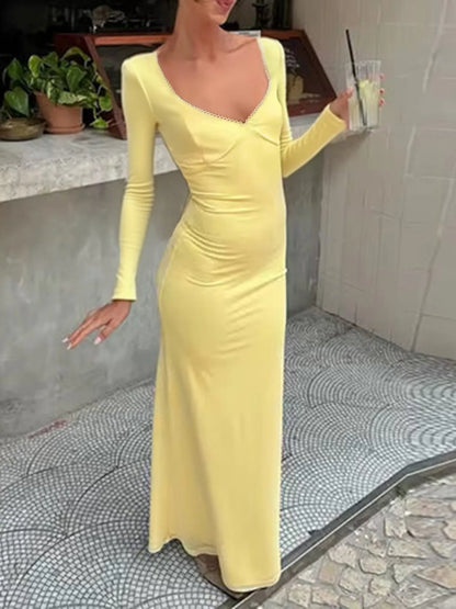 Trendsi Figure-Hugging Evening Dress lemon yellow long sleeve floor length gown with scoop neckline
