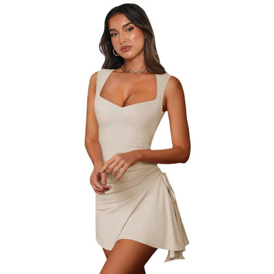 Trendsi beige French Mini Dress with square neckline ruched side and fitted sleeveless silhouette
