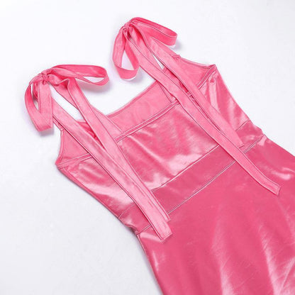 Trendsi pink satin Halter Mini Dress with shoulder tie straps fitted bodice and sleek mini skirt