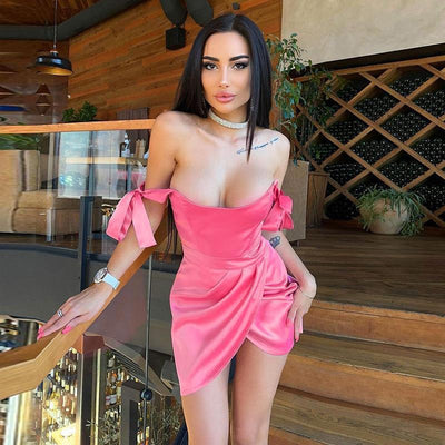 Trendsi Halter Mini Dress in pink satin with off shoulder tie sleeves ruched wrap front