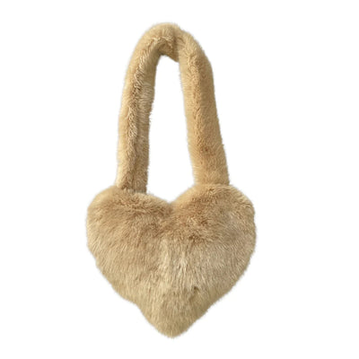 Trendsi Heart Messenger Bag tan faux fur heart shaped purse with plush shoulder strap for casual outfits