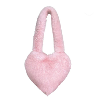 Trendsi pink faux fur Heart Messenger Bag with plush long handle heart shaped shoulder accessory