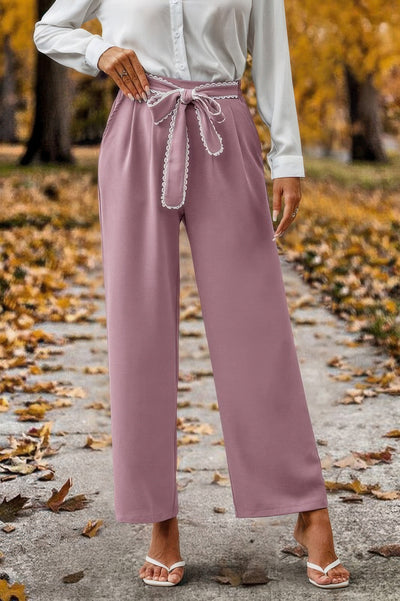 CCWHOLESALECLOTHING mauve paperbag high waist straight leg pants for women with braided belt and white blouse