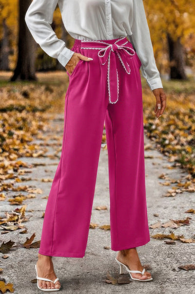 CCWHOLESALECLOTHING fuchsia high waist straight leg pants for women with tie belt and side pockets