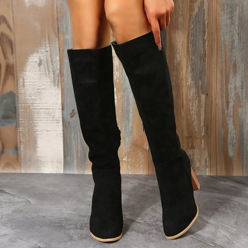 Trendsi black suede Knee-High Block Heel Boots with tan stacked heel for fall outfits