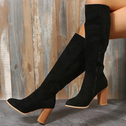 Trendsi black suede Knee-High Block Heel Boots with stacked wood block heel and side zipper