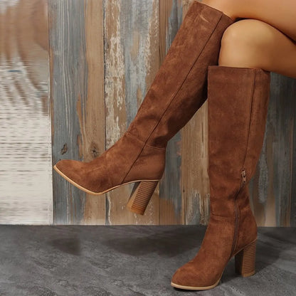 Trendsi brown suede Knee-High Block Heel Boots with side zipper and stacked wooden heel