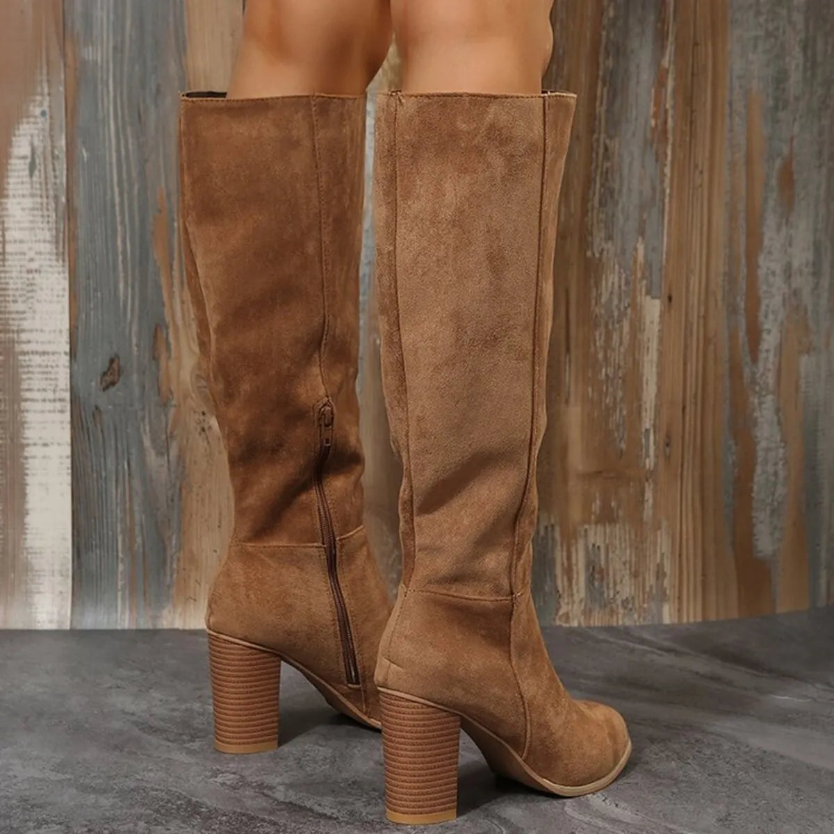 Trendsi tan suede Knee-High Block Heel Boots with side zipper and stacked wooden heel