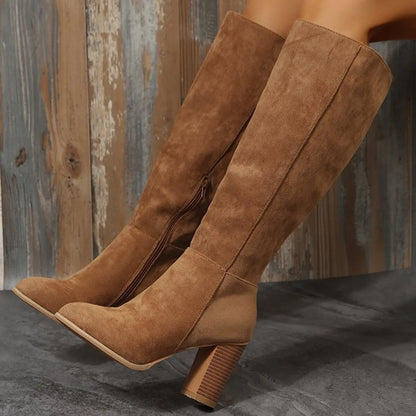 Trendsi tan suede Knee-High Block Heel Boots with side zipper and stacked heel for chic fall outfits