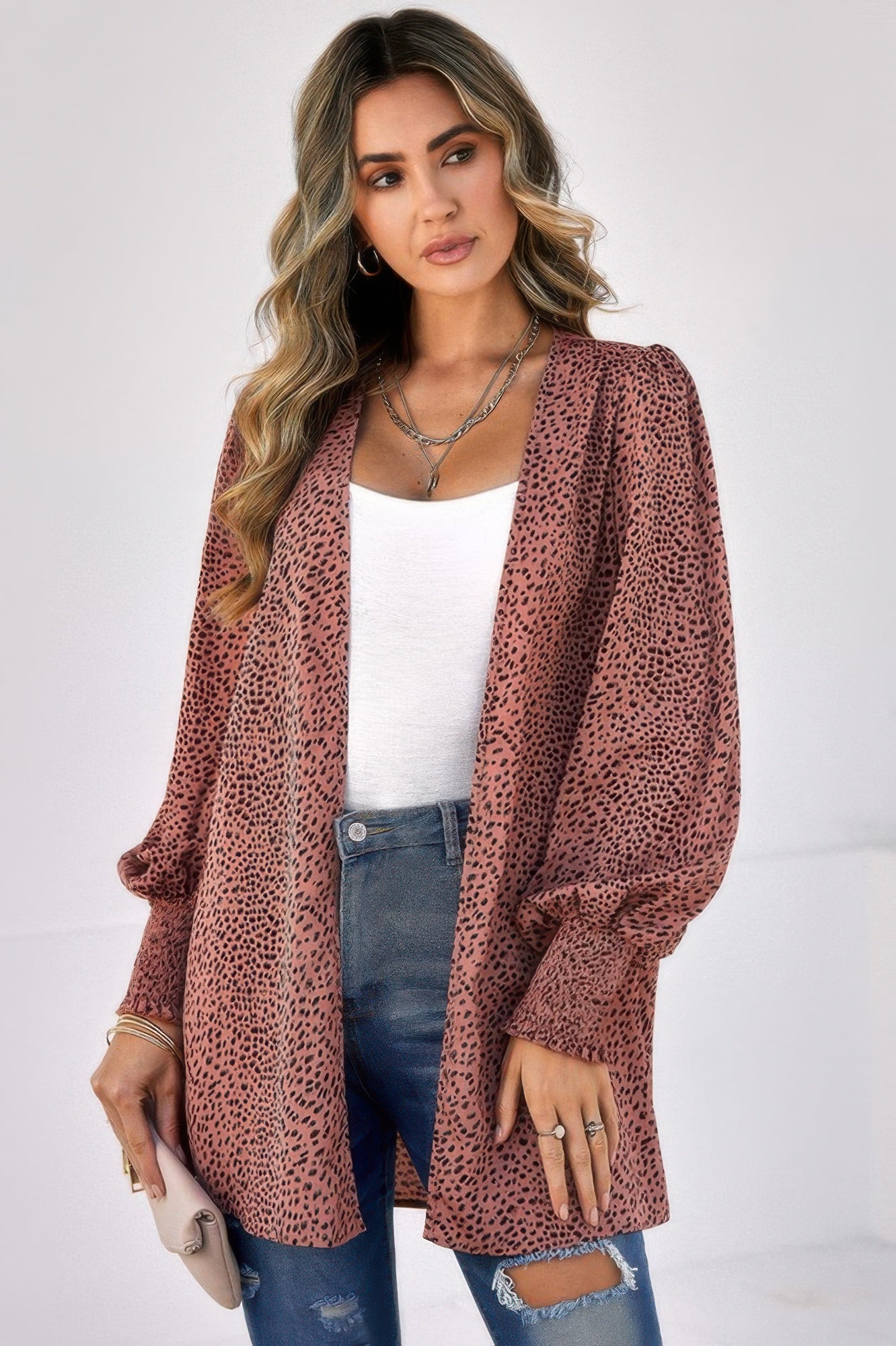 CCWHOLESALECLOTHING leopard print front open top long puff sleeve cardigan with smocked cuffs on model
