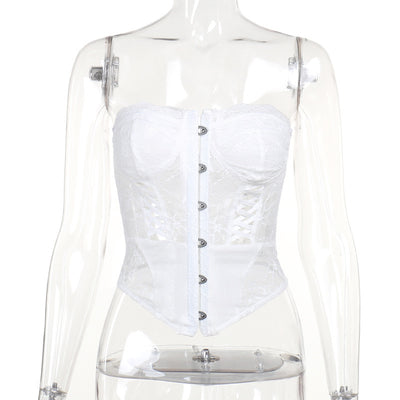 Trendsi Strapless Bustier Corset Top white lace corset with front hook closures and boning on mannequin