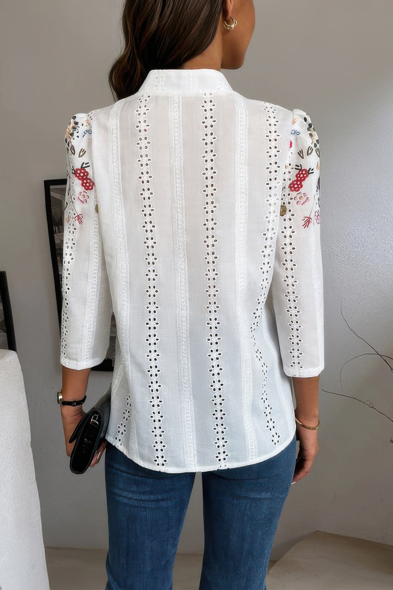 CCWHOLESALECLOTHING white eyelet Long Sleeve Blouse with floral embroidered sleeves shown from back