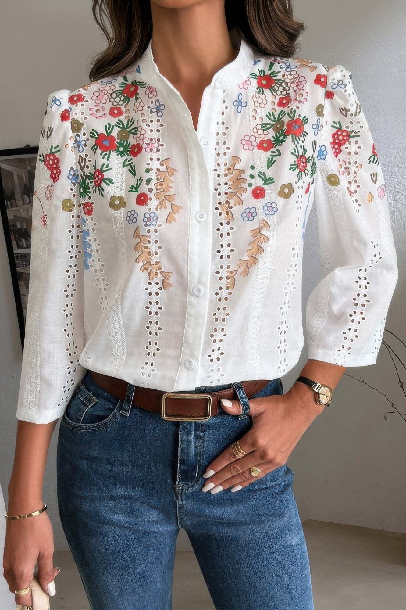 White embroidered eyelet Long Sleeve Blouse with colorful floral yoke button front and three quarter sleeves