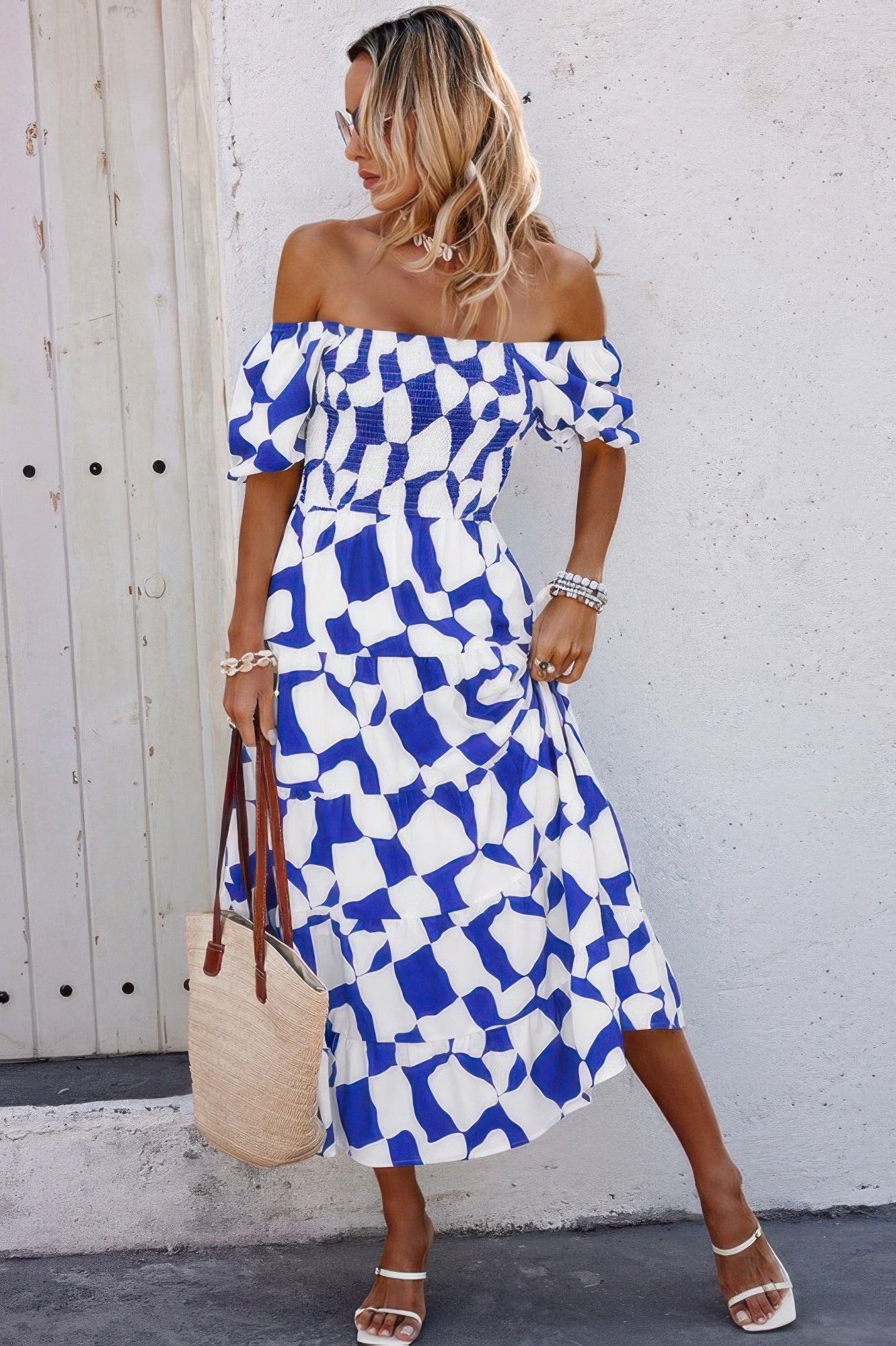 CCWHOLESALECLOTHING off shoulder ruched ruffle dress blue white geometric midi with smocked waist