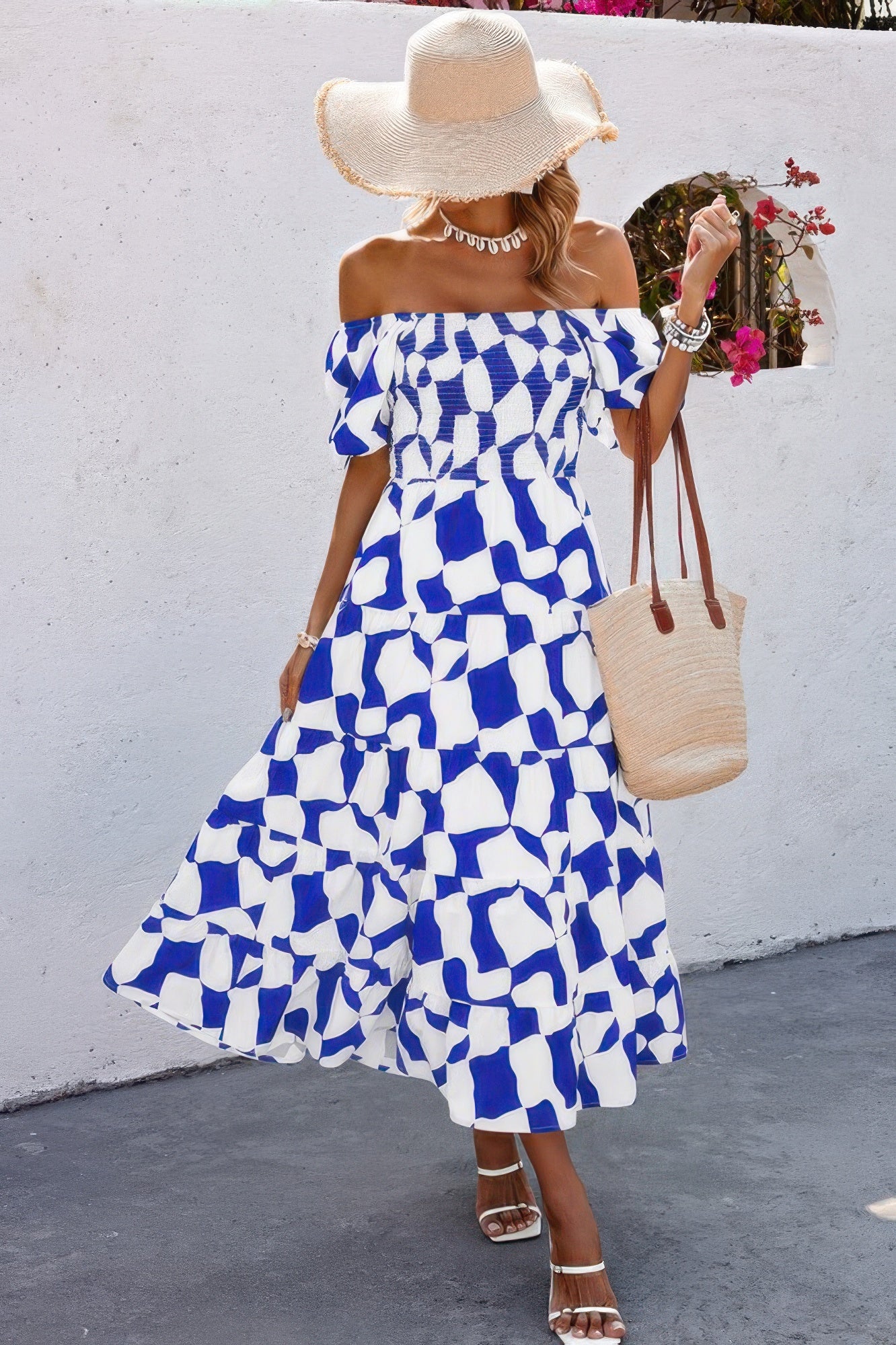 CCWHOLESALECLOTHING off shoulder ruched ruffle dress blue white abstract print midi with straw hat and tote