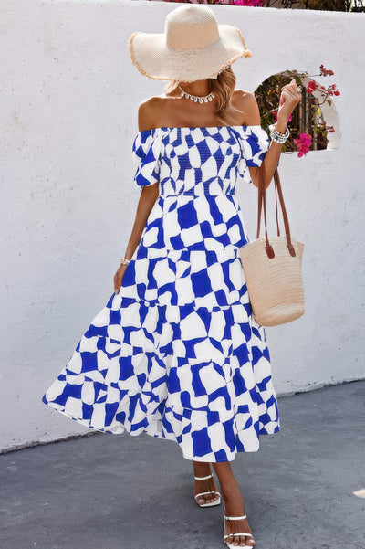 CCWHOLESALECLOTHING off shoulder ruched ruffle dress blue white abstract print midi with straw hat and tote