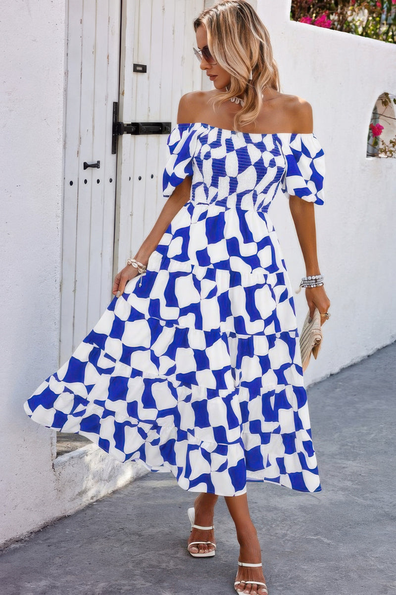 CCWHOLESALECLOTHING blue and white abstract print off shoulder ruched ruffle dress midi with smocked bodice and short puff sleeves